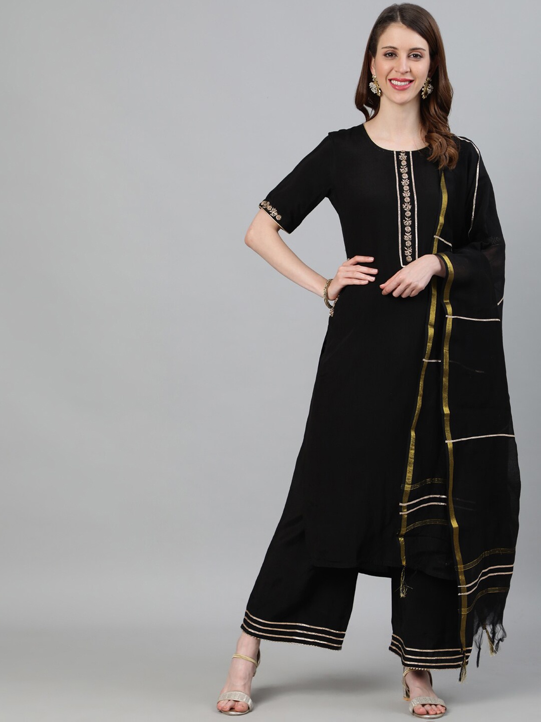 

Jaipur Kurti Women Black Regular Gotta Patti Kurta with Palazzos & With Dupatta
