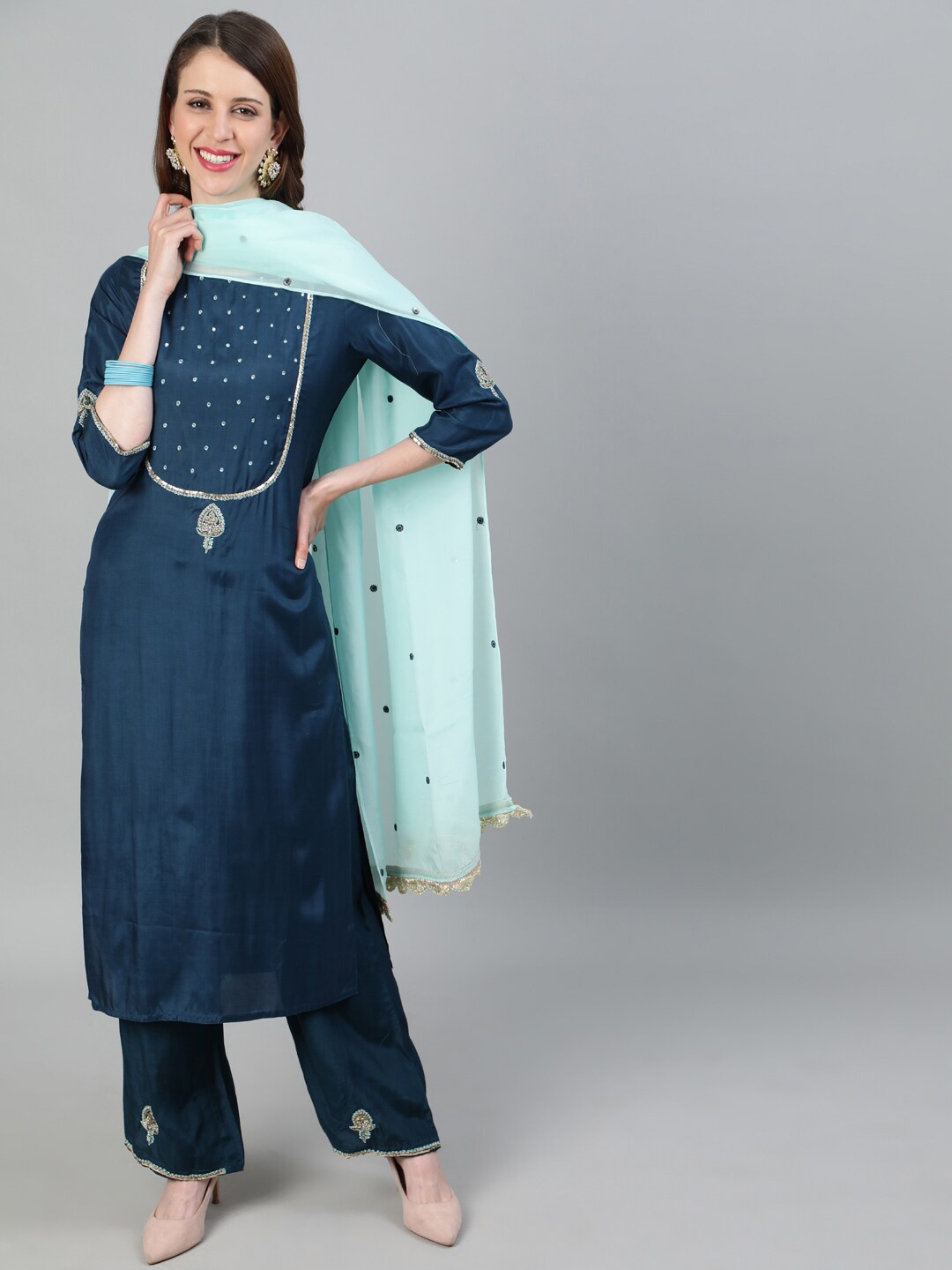 

Jaipur Kurti Women Teal Blue Yoke Design Regular Kurta with Palazzos & Dupatta