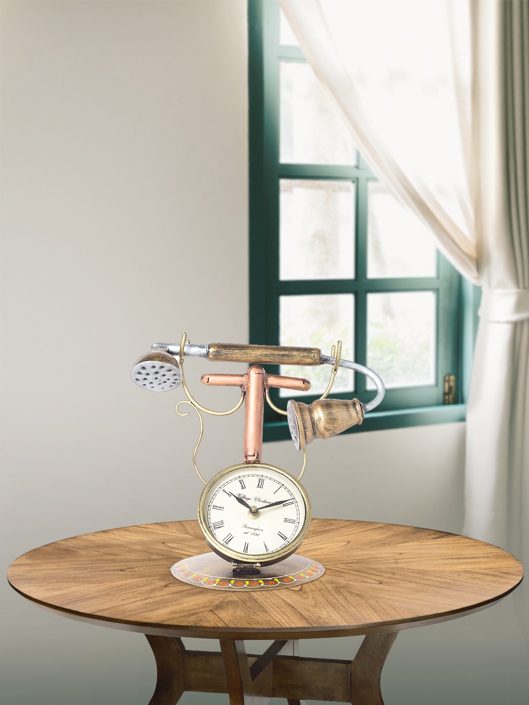 

Golden Peacock Gold & Copper Vintage Telephone Tabletop Clock Showpiece