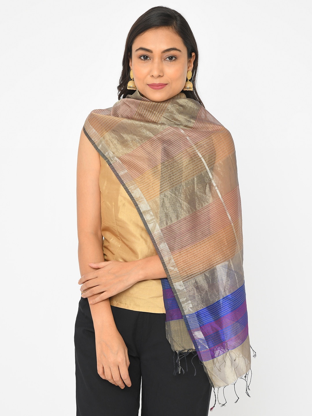 

Fabindia Women Grey & Blue Striped Cotton Silk Blend Stole