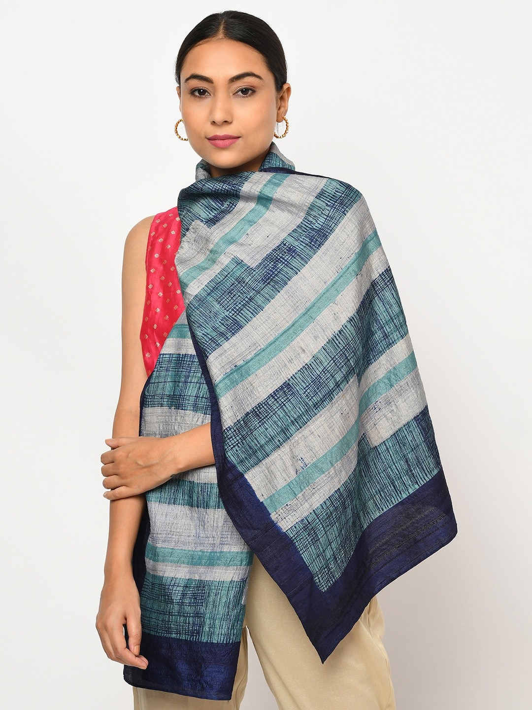 

Fabindia Women Green & Grey Striped Silk Tussar Stole