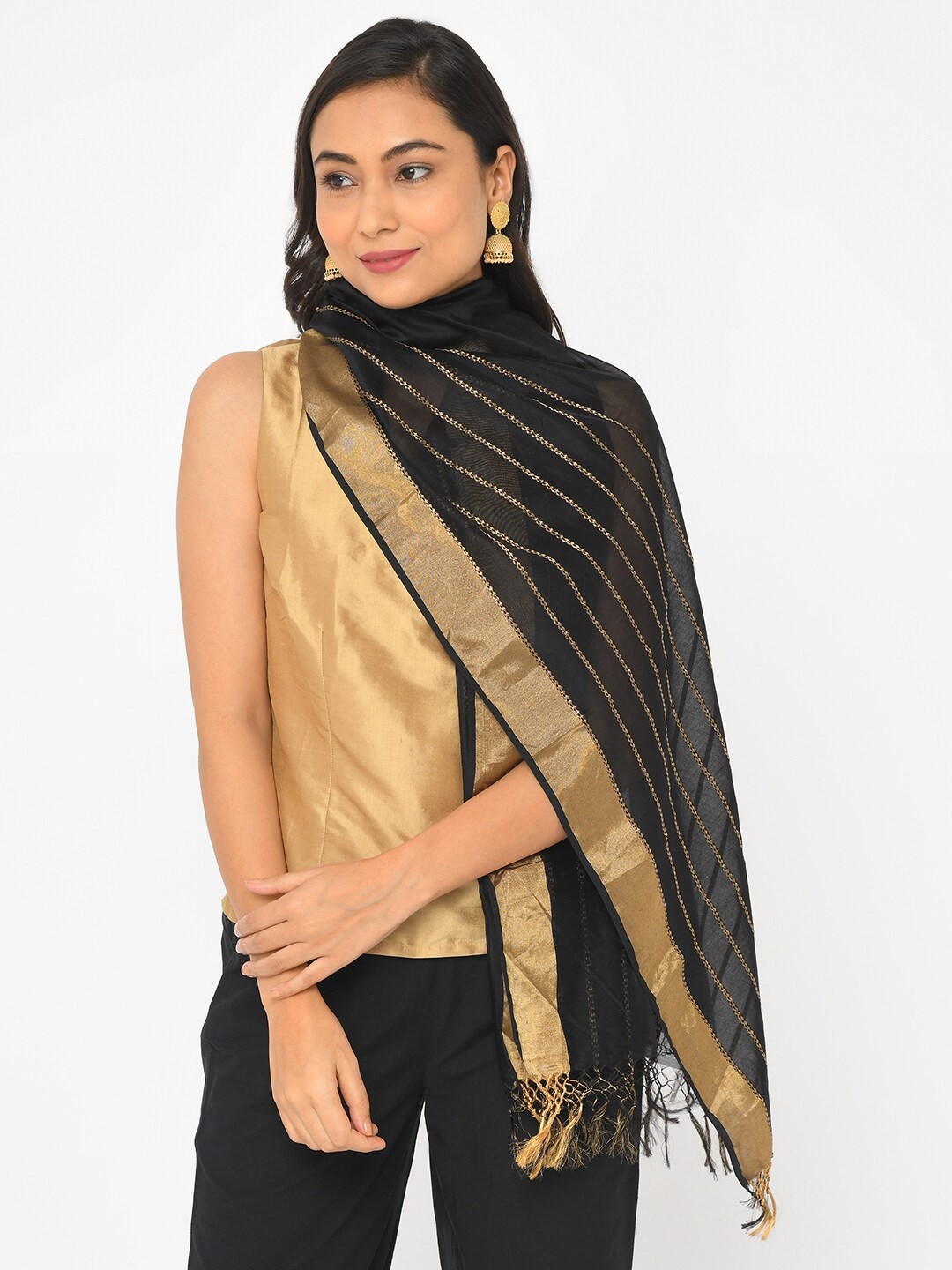 

Fabindia Women Black & Gold-Toned Striped Stole