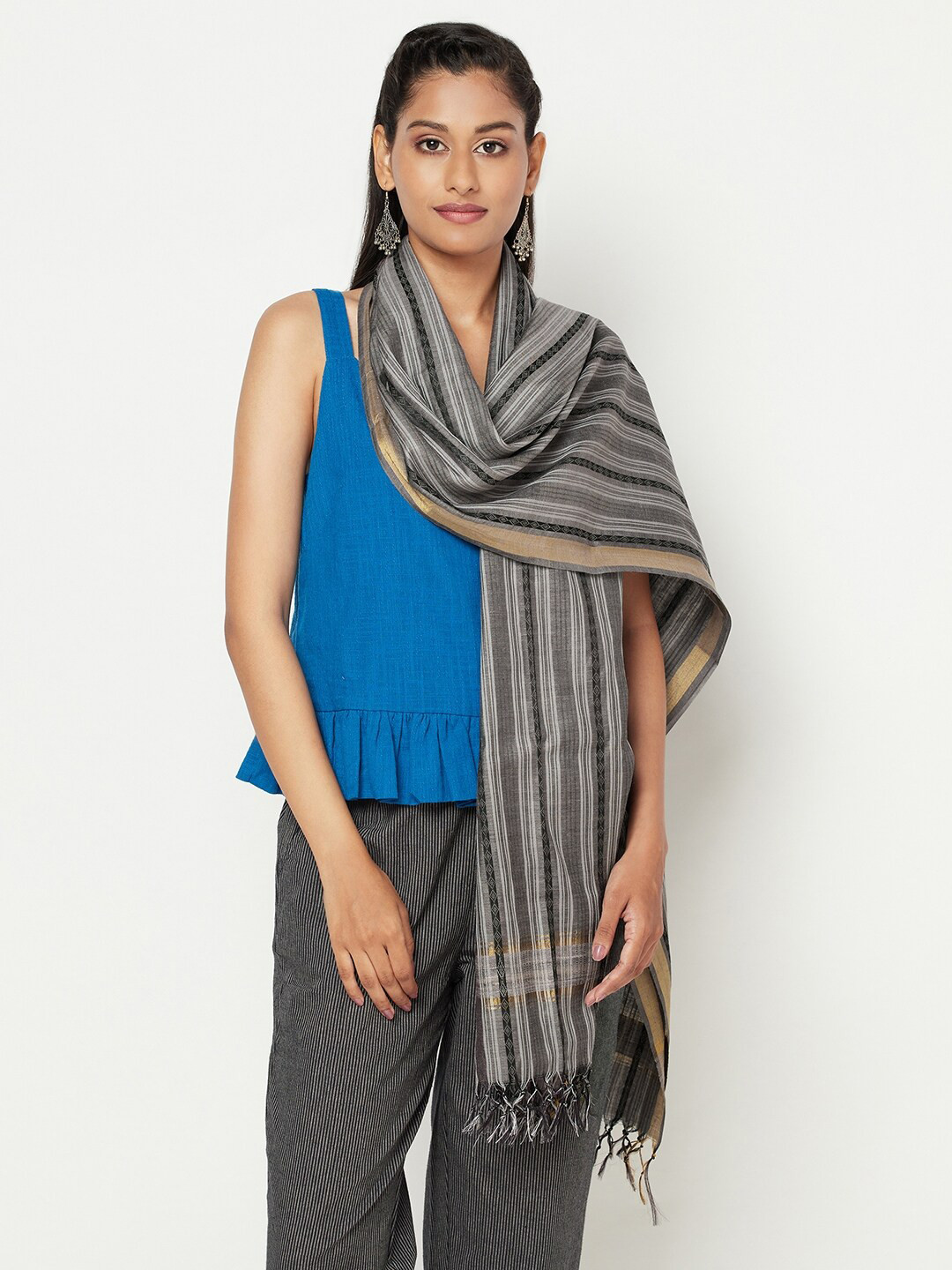 

Fabindia Women Grey & Black Striped Stole