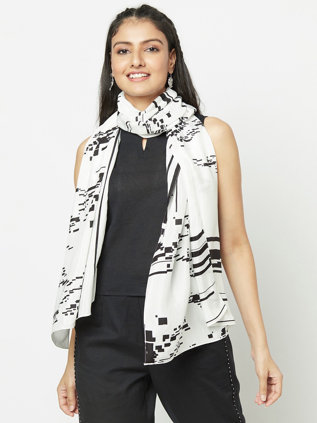 

Fabindia Women White & Black Printed Stole