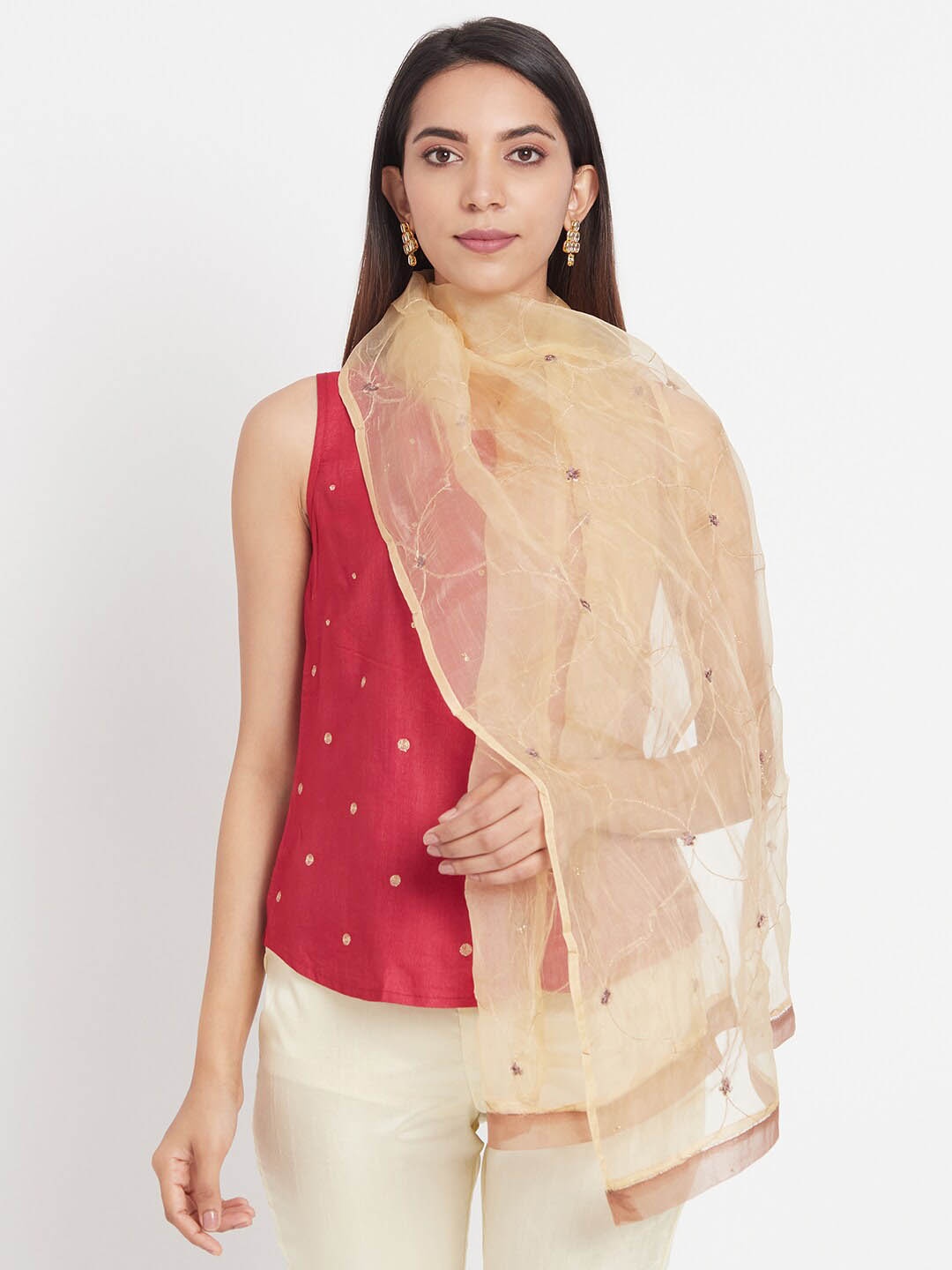 

Fabindia Women Beige & Gold-Toned Embroidered Silk Blend Stole