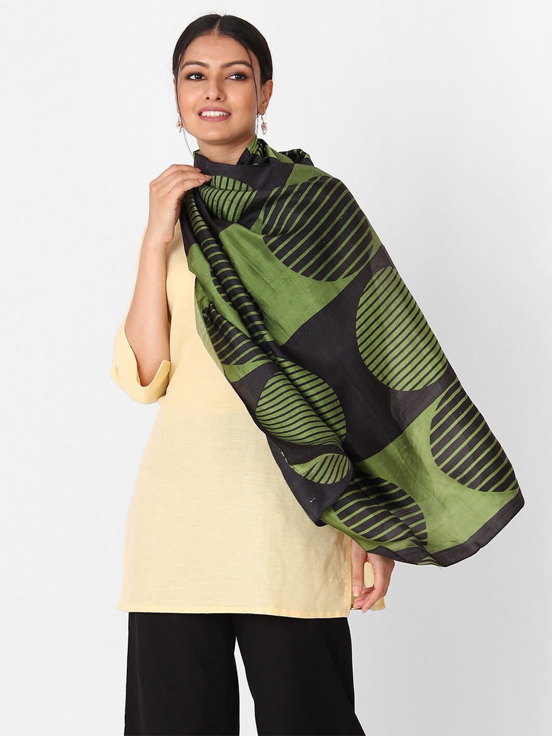 

Fabindia Women Black & Green Printed Stole