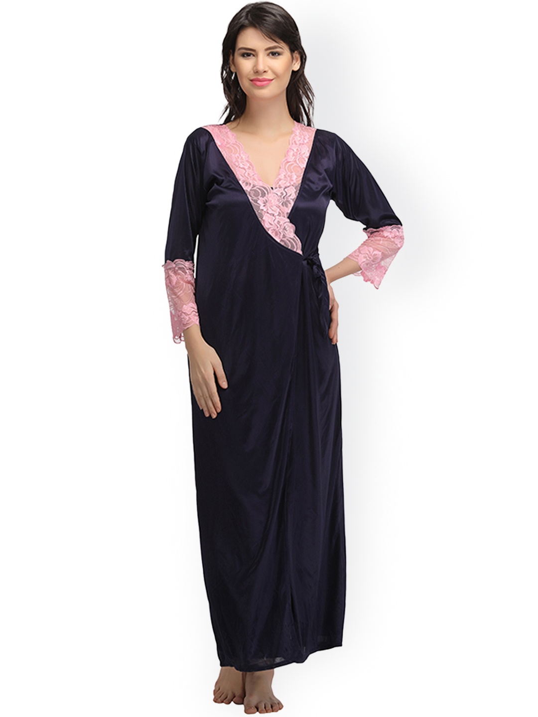 

Clovia Navy Set of 7 Satin Nightdress NS0564P08O, Navy blue