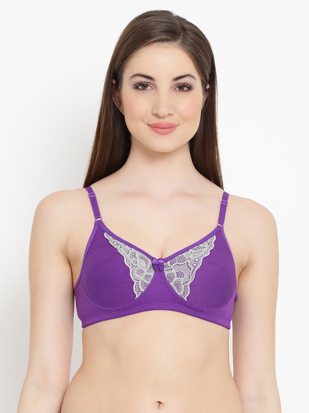 

Clovia Cotton Non Padded Wirefree Lacy Full Cup Bra - Purple