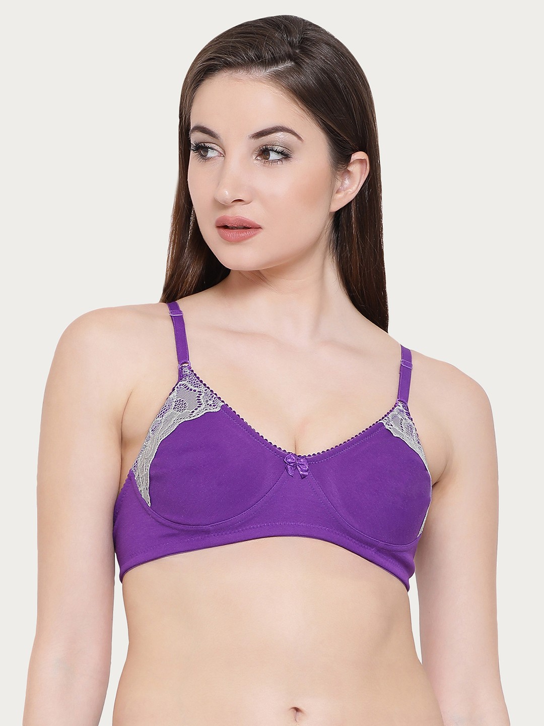 

Clovia Cotton Non Padded Wirefree Lacy Full Cup Bra - Purple