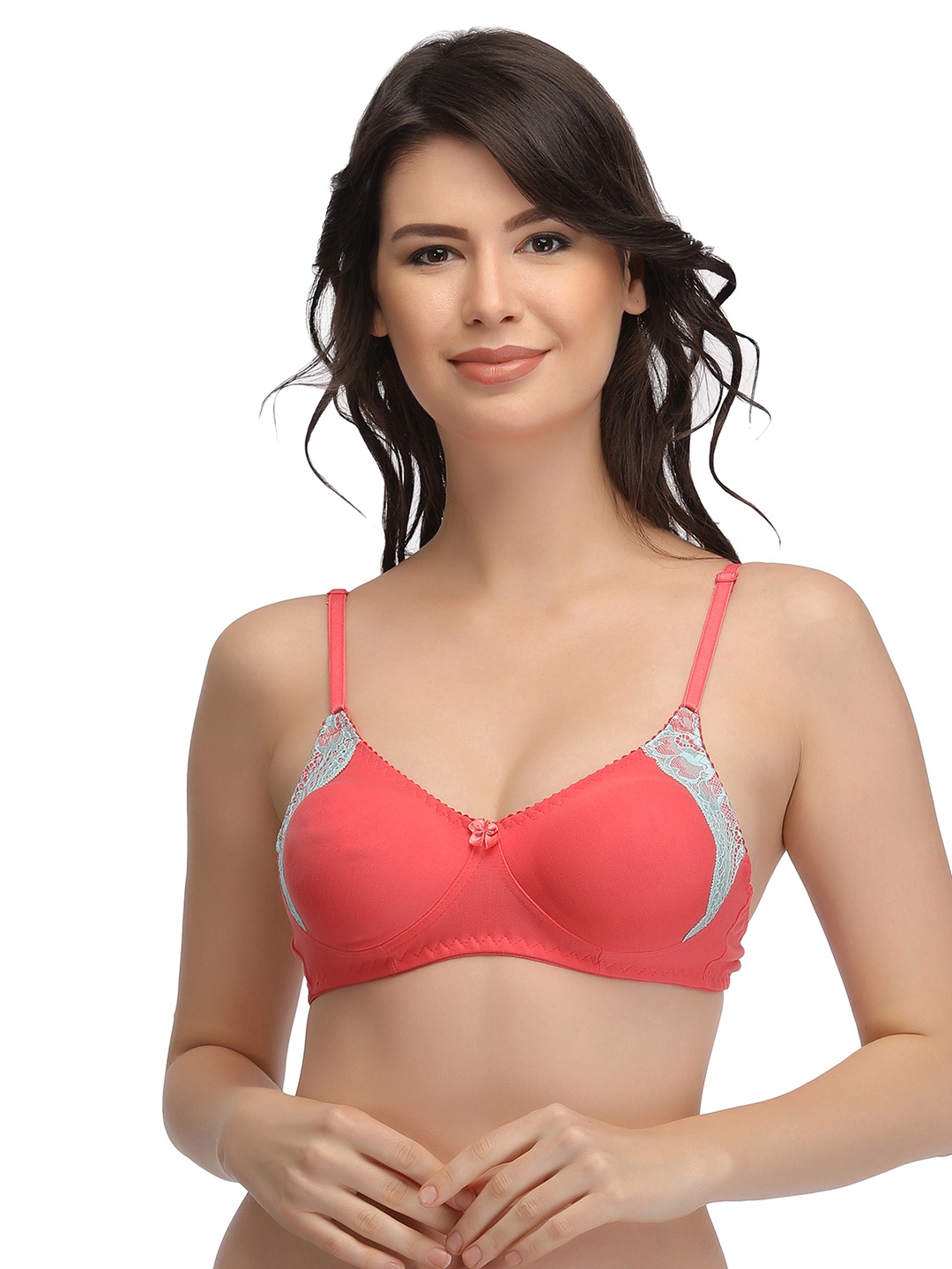 

Clovia Cottton Non Padded Wirefree Lacy Full Cup Bra, Coral