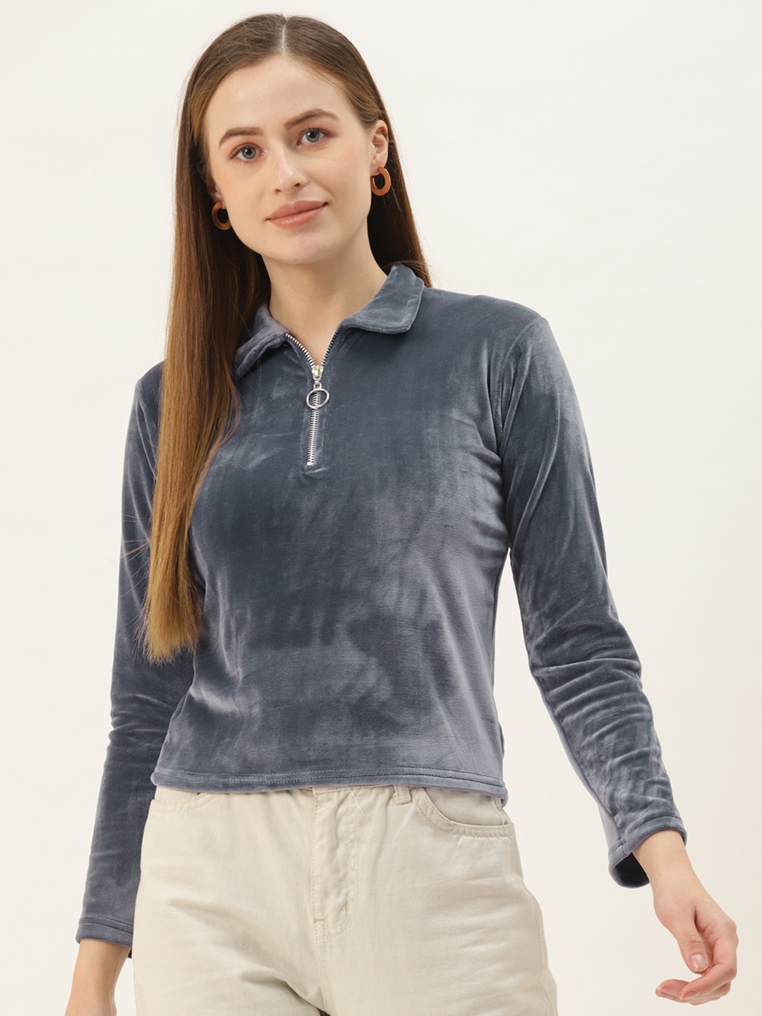 

BROOWL Grey Velvet Regular Top