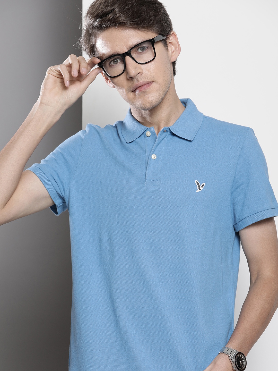 

AMERICAN EAGLE OUTFITTERS Men Blue Polo Collar T-shirt