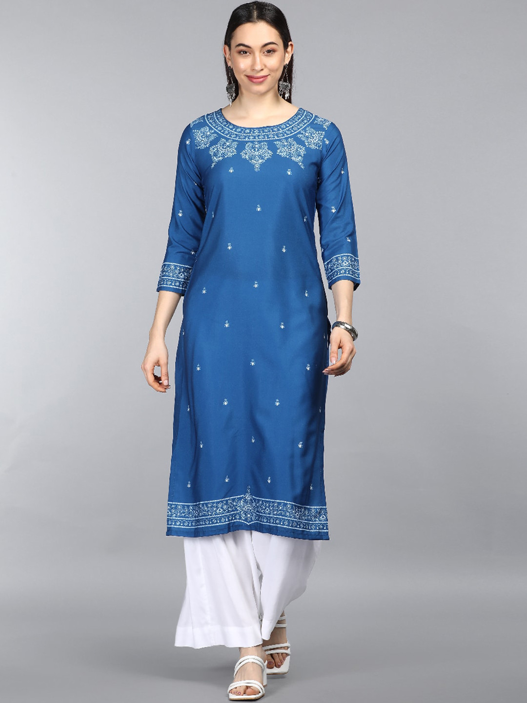 

AHIKA Women Blue Ethnic Motifs Printed Chikankari Kurta