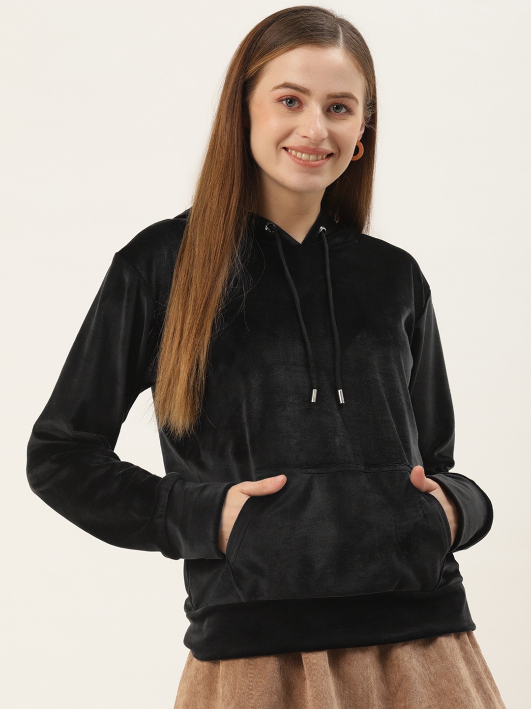 

BROOWL Women Black Hooded Sweatshirt