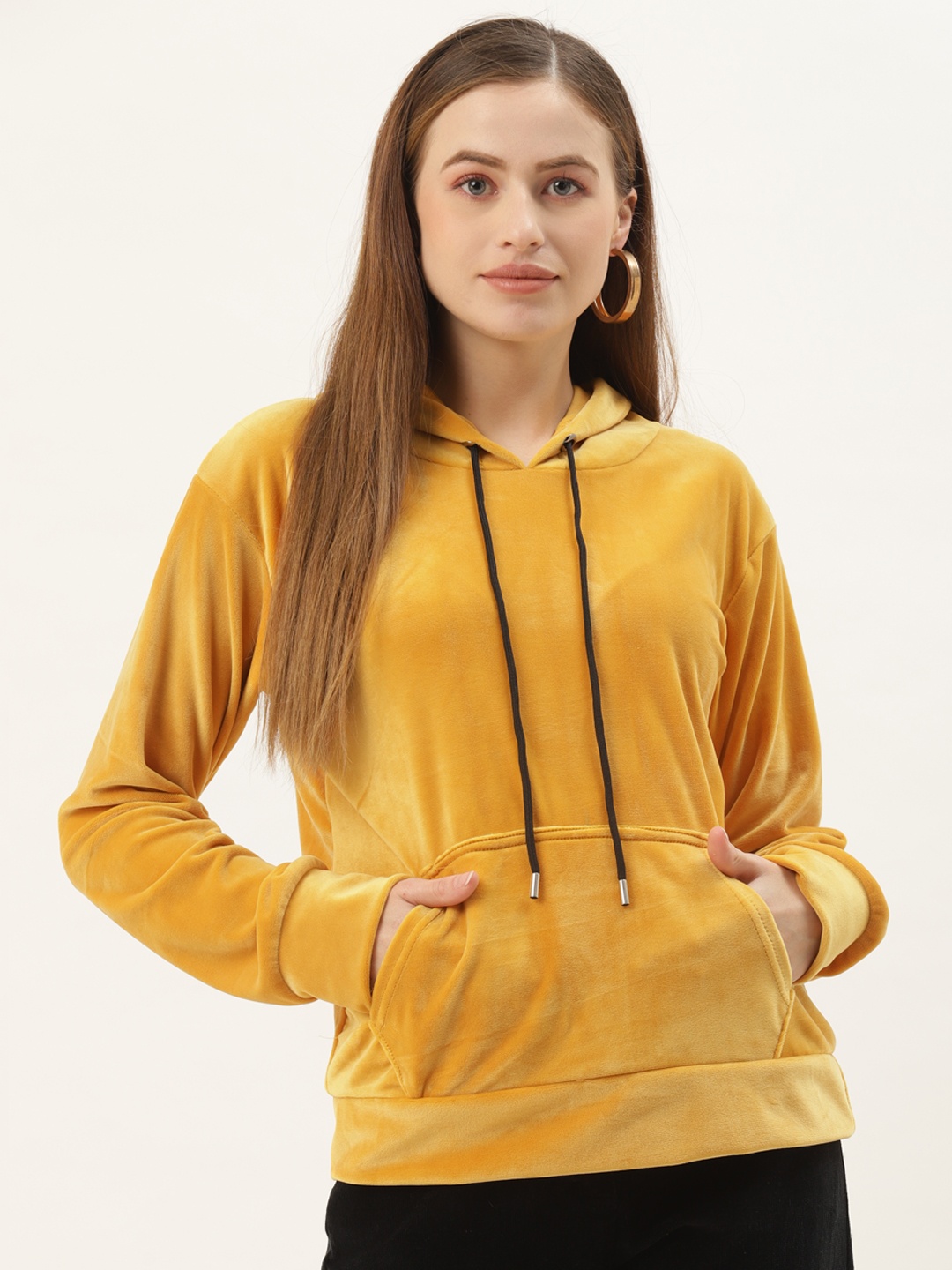 

BROOWL Women Mustard Velvet Hooded Sweatshirt