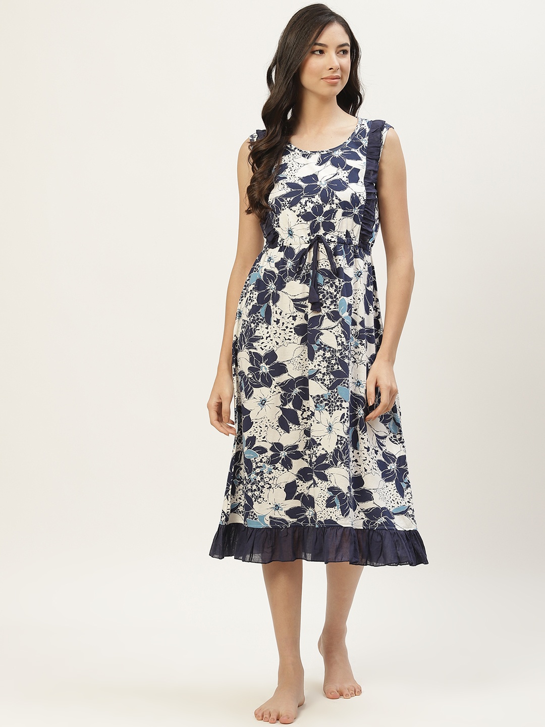 

9teenAGAIN Blue & White Floral Printed Nightdress