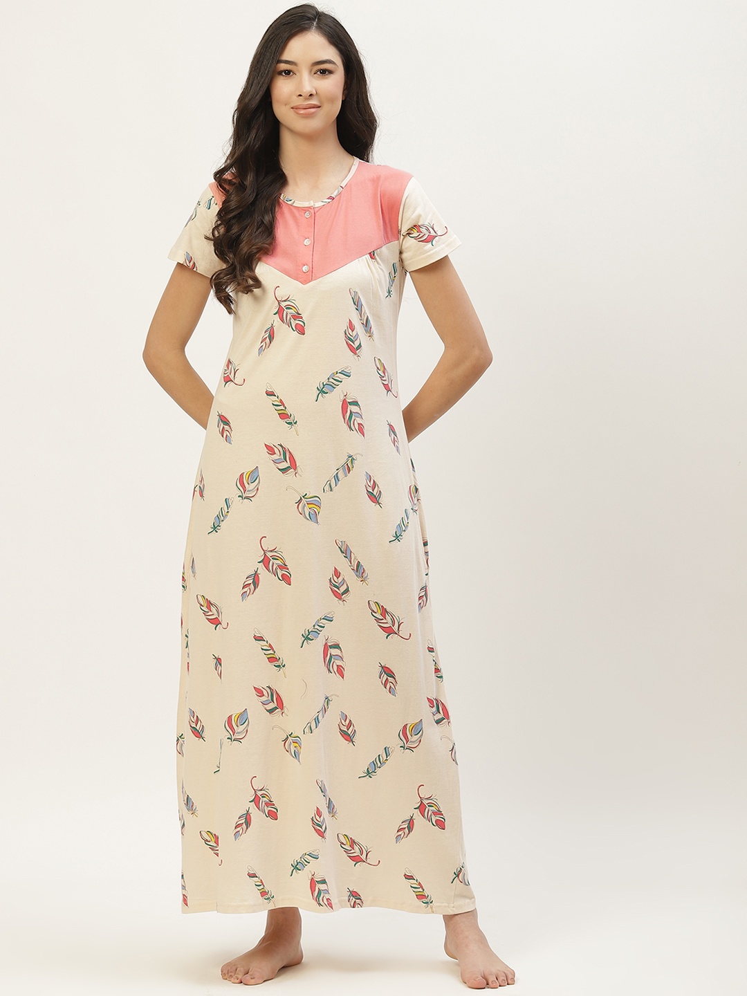 

9teenAGAIN Peach-Coloured Printed Maxi Nightdress