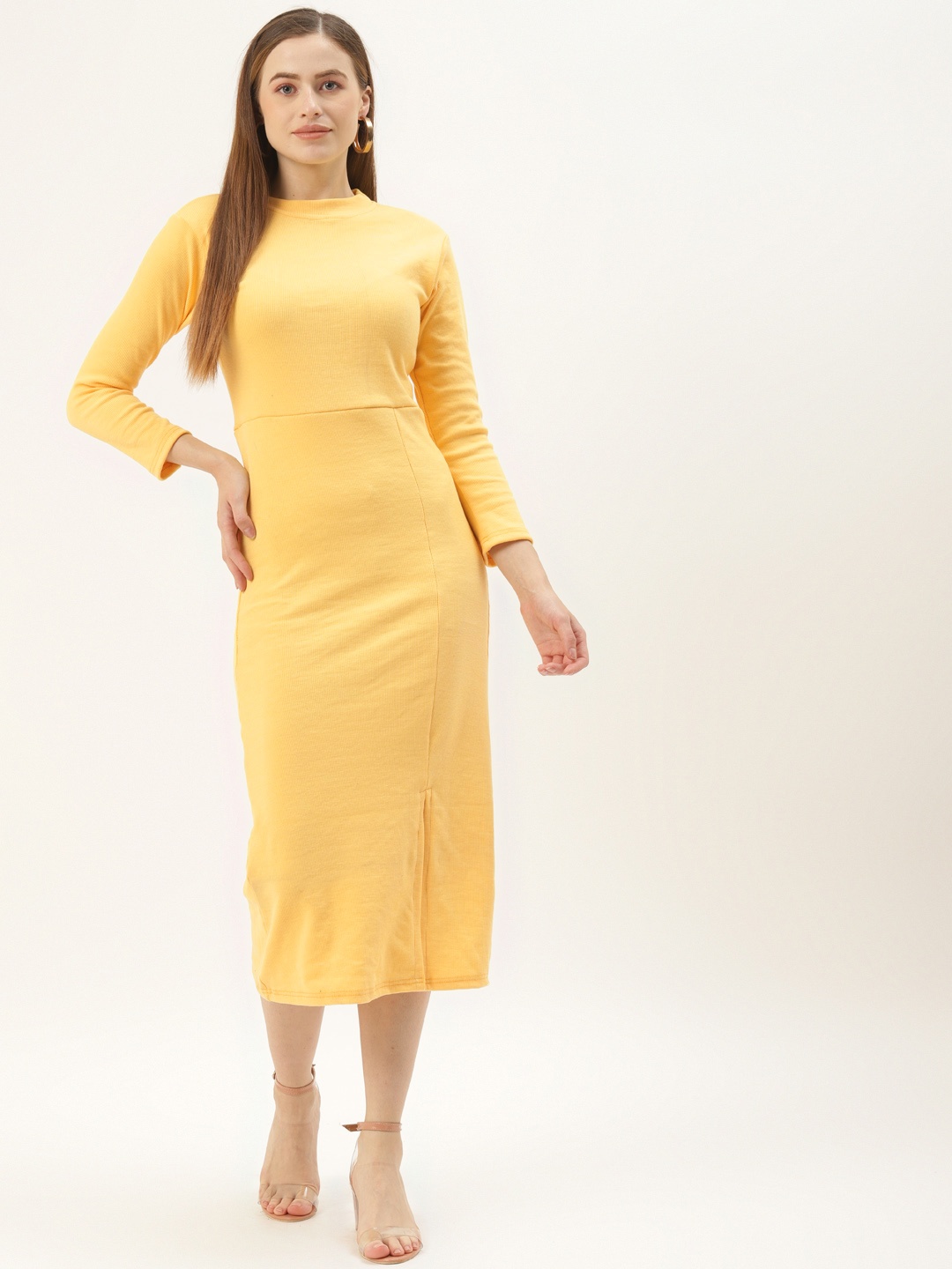 

BROOWL Yellow Crepe Bodycon Midi Dress