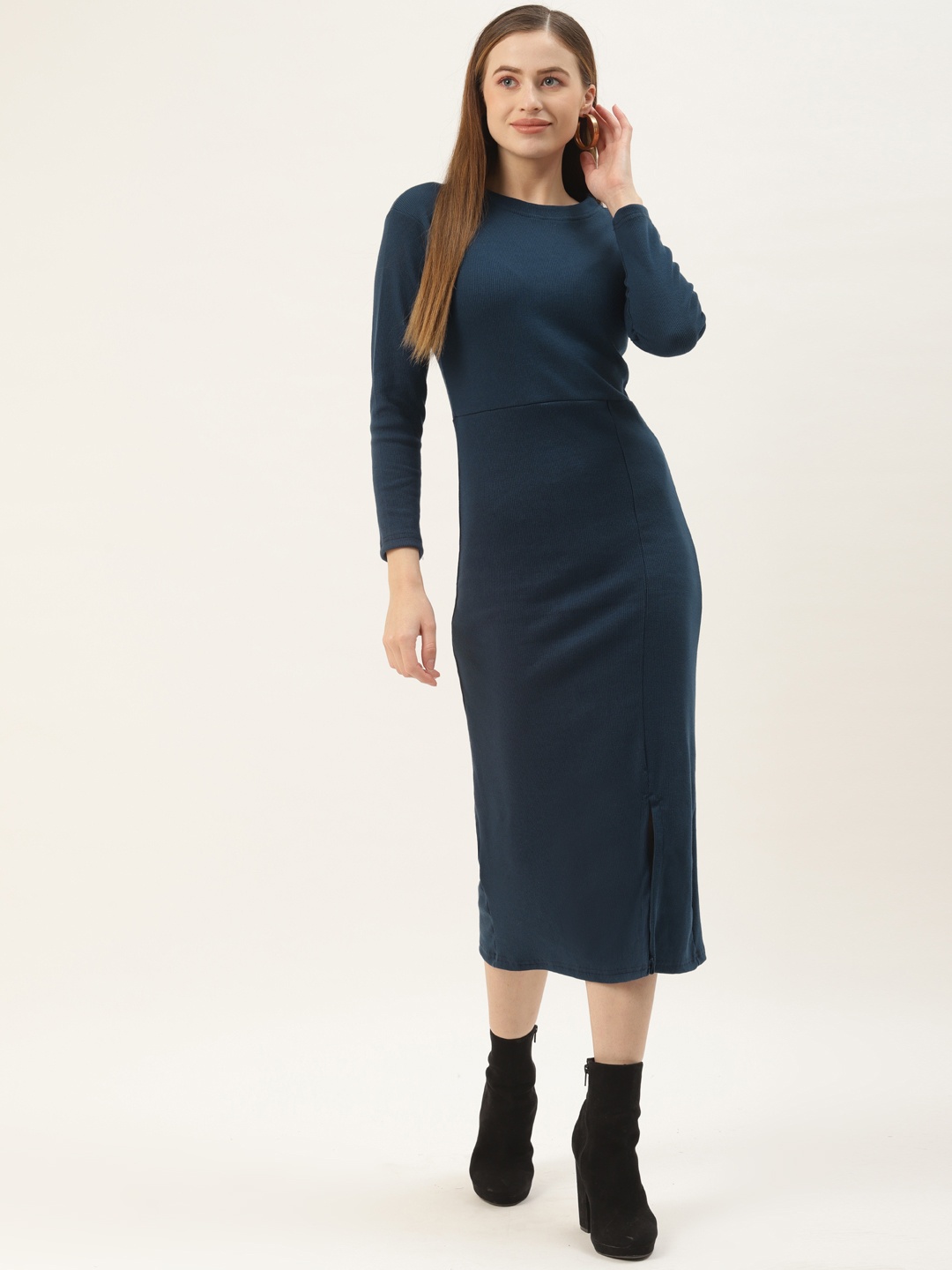 

BROOWL Navy Blue Crepe Bodycon Maxi Dress