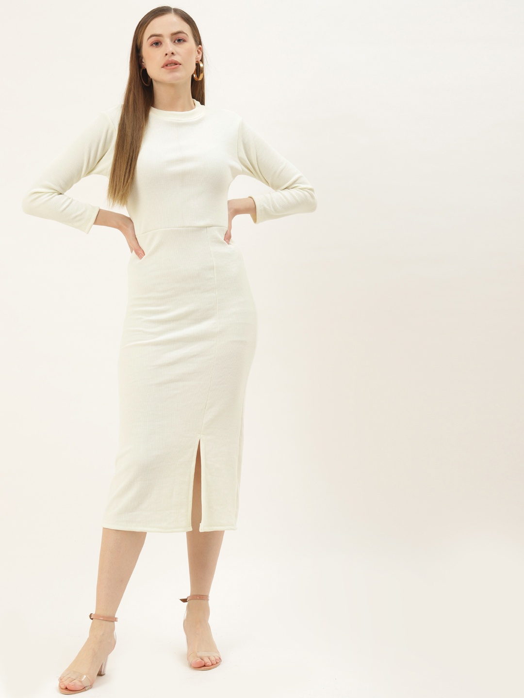 

BROOWL Cream-Coloured Crepe Bodycon Midi Slit Dress