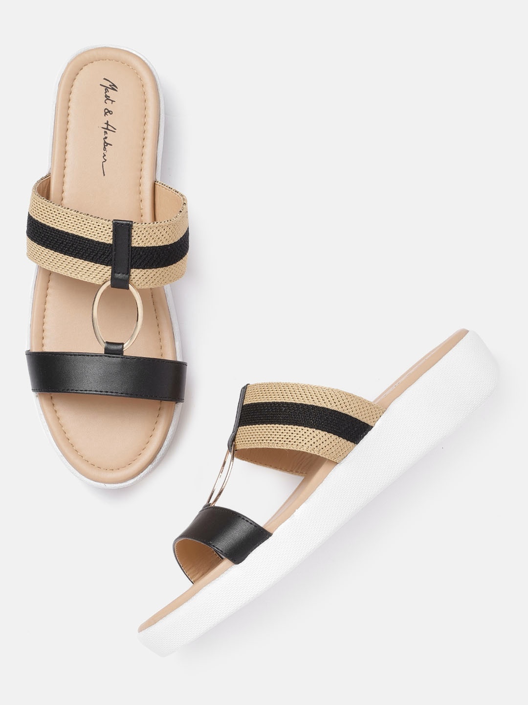 

Mast & Harbour Women Black & Beige Striped Open Toe Flats