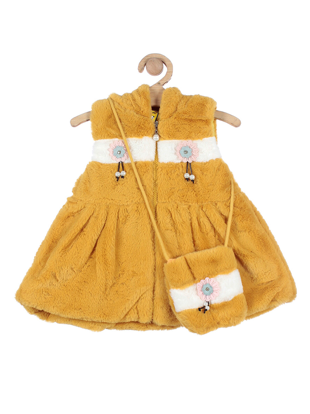 

Lil Lollipop Girls Mustard Yellow Striped Embellished Fleece Tailored Jacket With Bag
