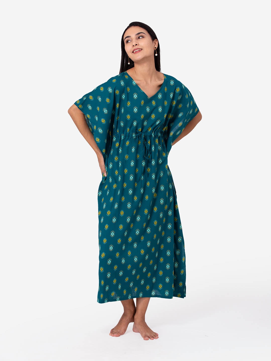

ETC Green Printed Maxi Pure Cotton Kaftan Nightdress