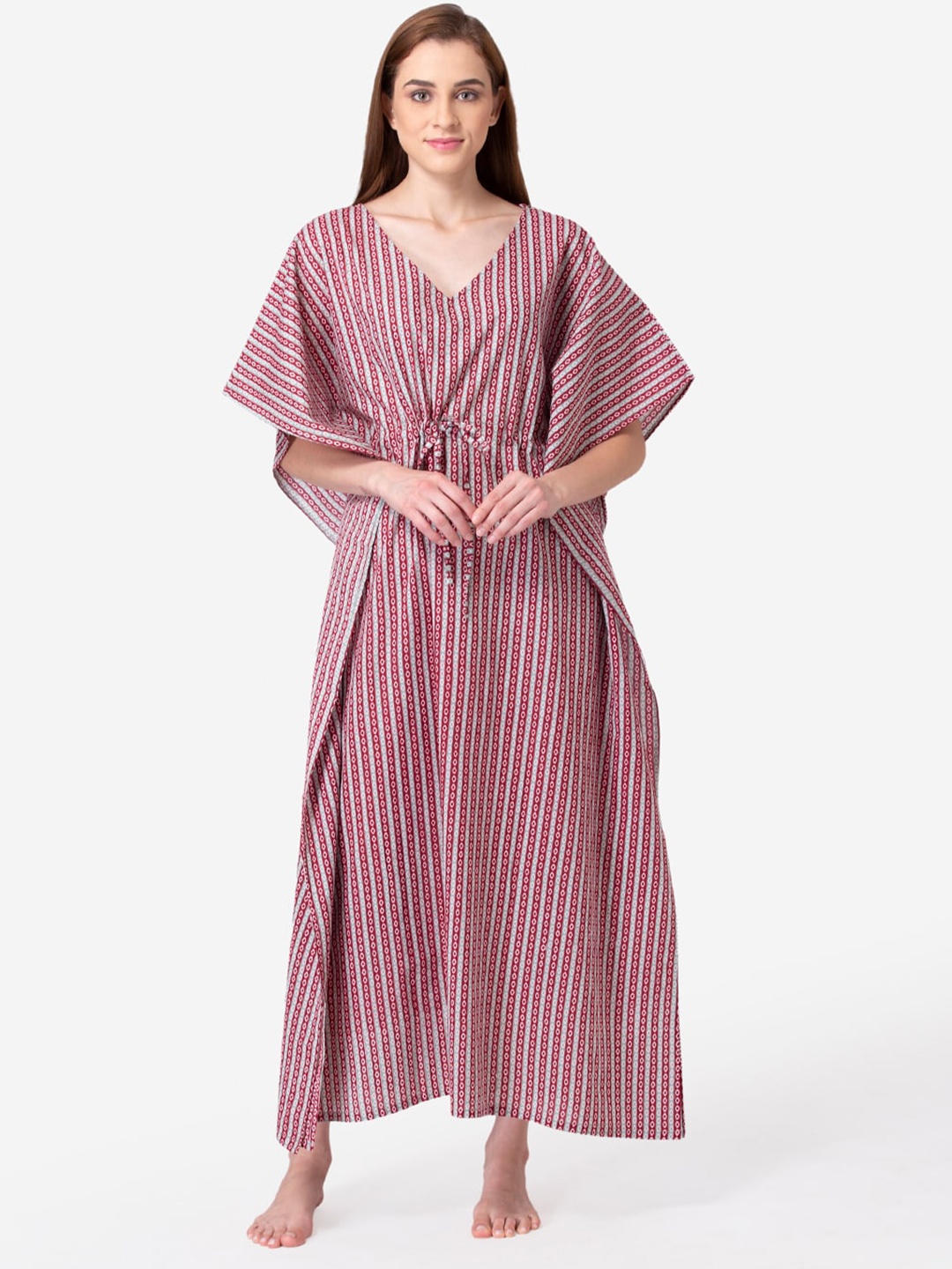 

ETC Maroon & Grey Printed Pure Cotton Maxi Kaftan Nightdress