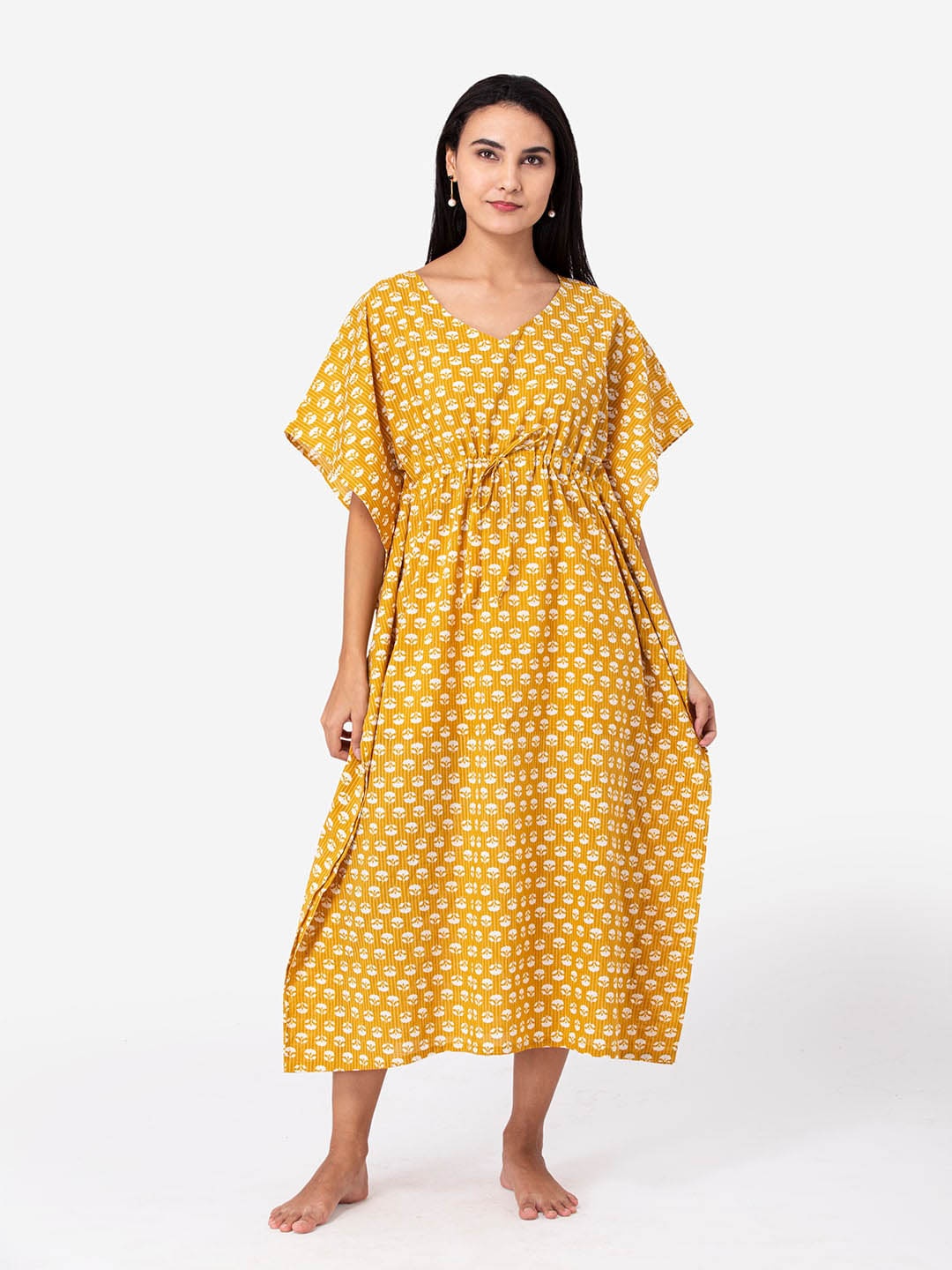 

ETC Women Yellow & White Floral Printed Pure Cotton Kaftan Nightdress