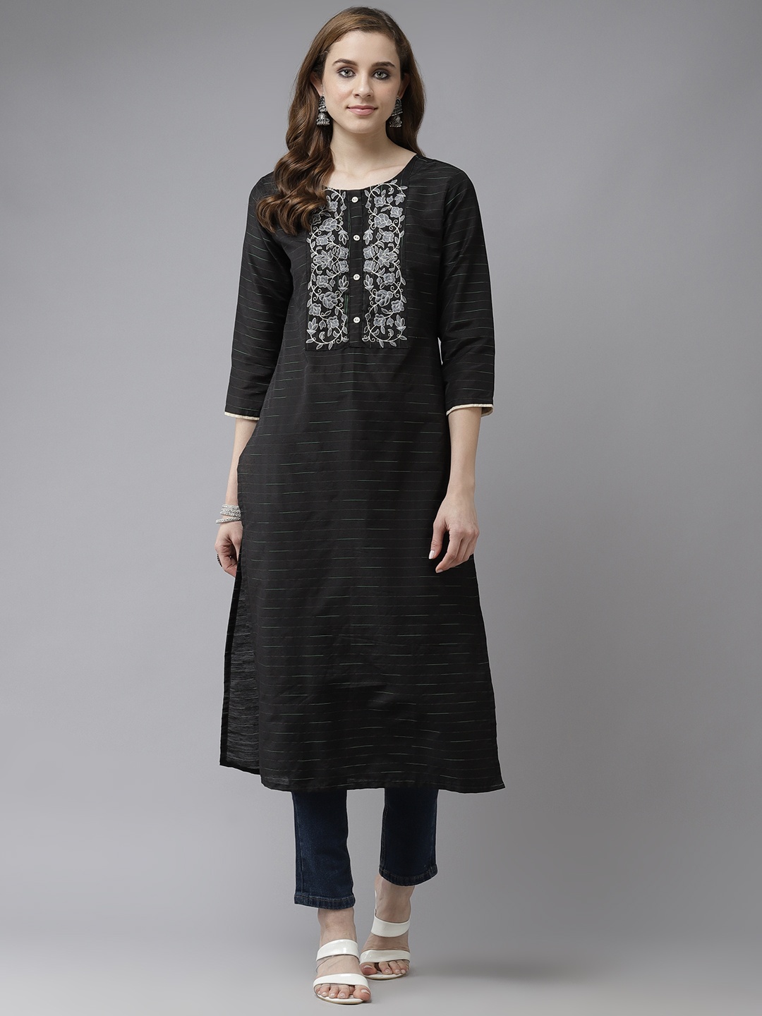 

Indo Era Women Black & White Striped Yoke Design Thread Work Floral Kurta