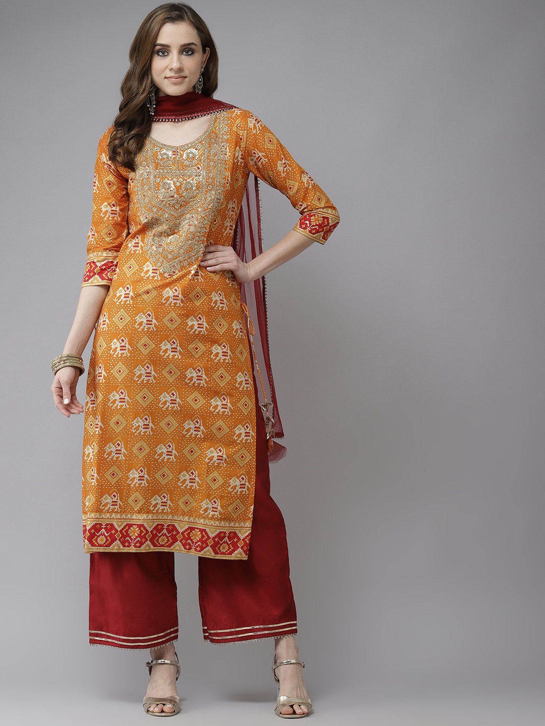 

Indo Era Mustard Yellow & Beige Ethnic Foil Printed Zari Straight Kurta Palazzos Dupatta