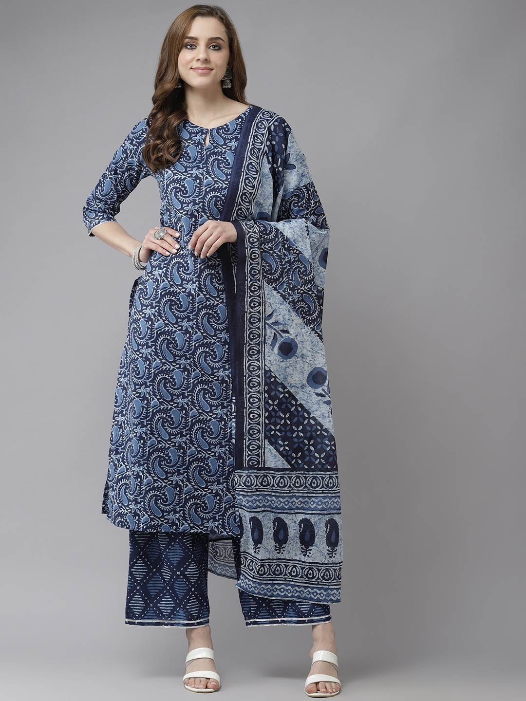 

Indo Era Women Blue & White Paisley Printed Gotta Patti Straight Kurta Palazzos & Dupatta