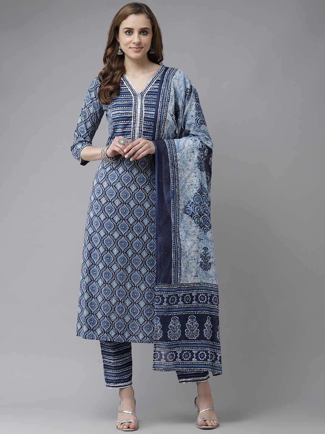 

Indo Era Blue & White Ethnic Print Gotta Patti A-line Kurta Trousers & Dupatta