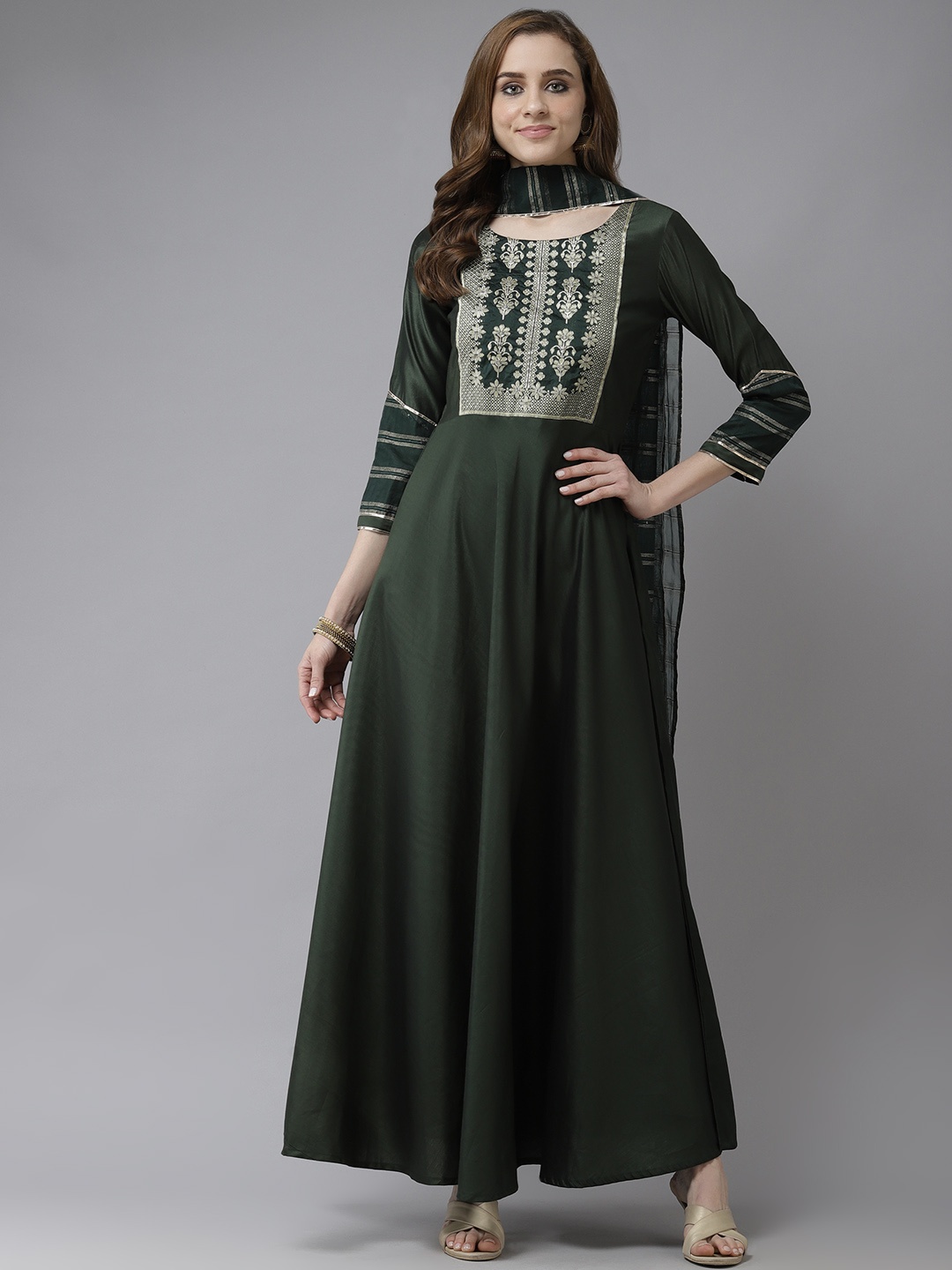 

Indo Era Green & Gold Ethnic Motifs Yoke Design Anarkali Kurta & Dupatta
