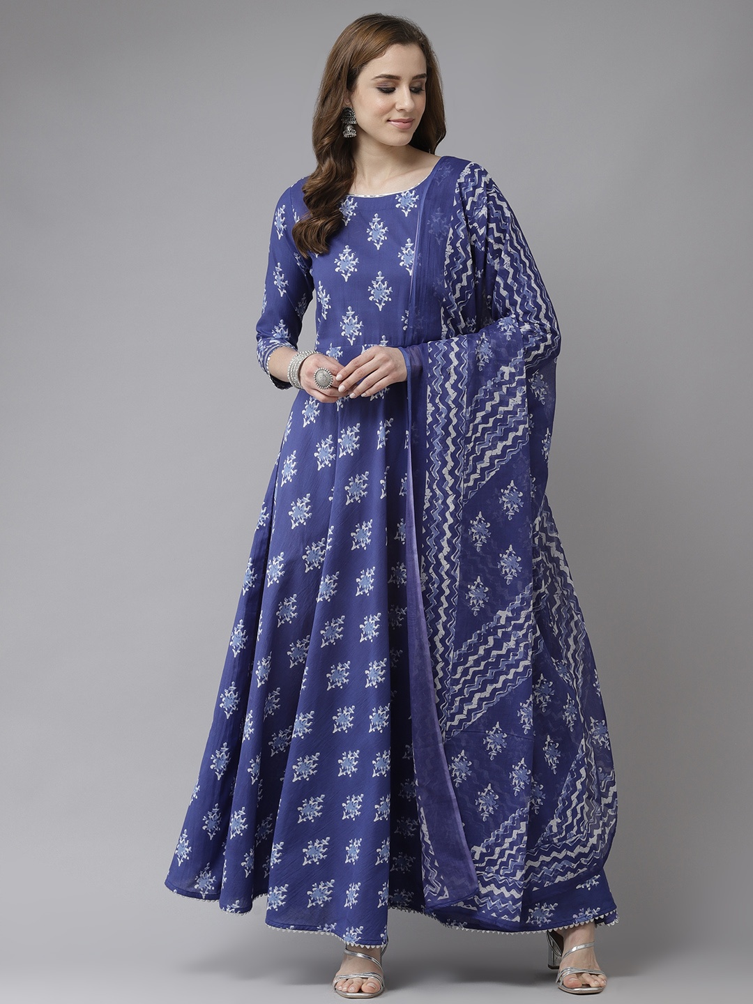 

Indo Era Blue & White Ethnic Motifs Printed Gotta Patti Anarkali Cotton Kurta with Dupatta