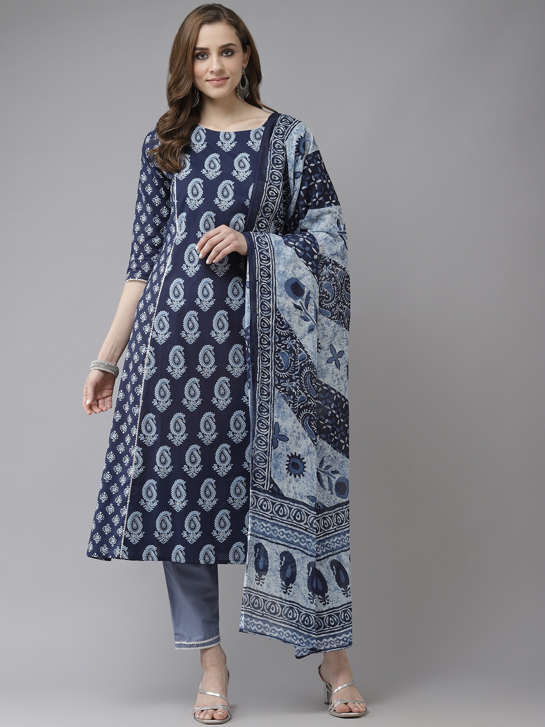 

Indo Era Blue & White Ethnic Motifs Printed Gotta Patti A-line Kurta with Trousers Dupatta