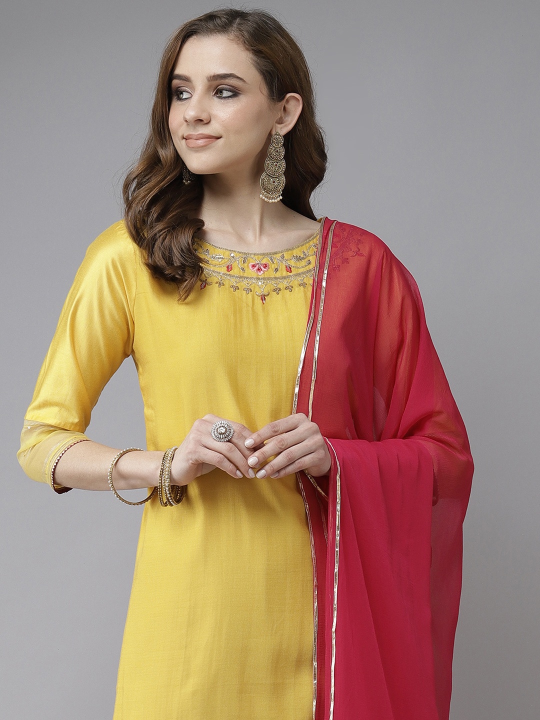 

Indo Era Yellow & Red Striped Floral Thread Work Liva Straight Kurta with Sharara Dupatta