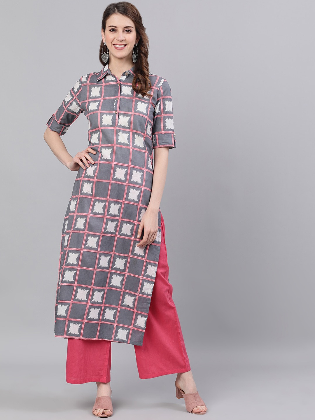 

antaran Women Grey Checked Flared Sleeves Thread Work Kurta