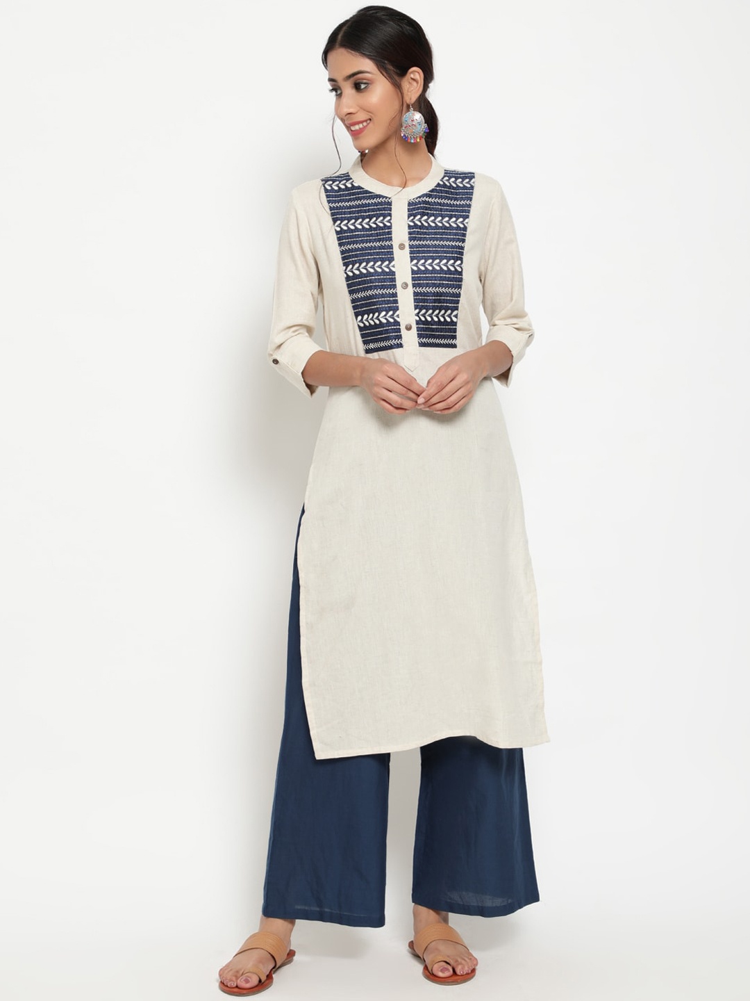 

antaran Women Off White Ethnic Motifs Yoke Design Cotton Kurta