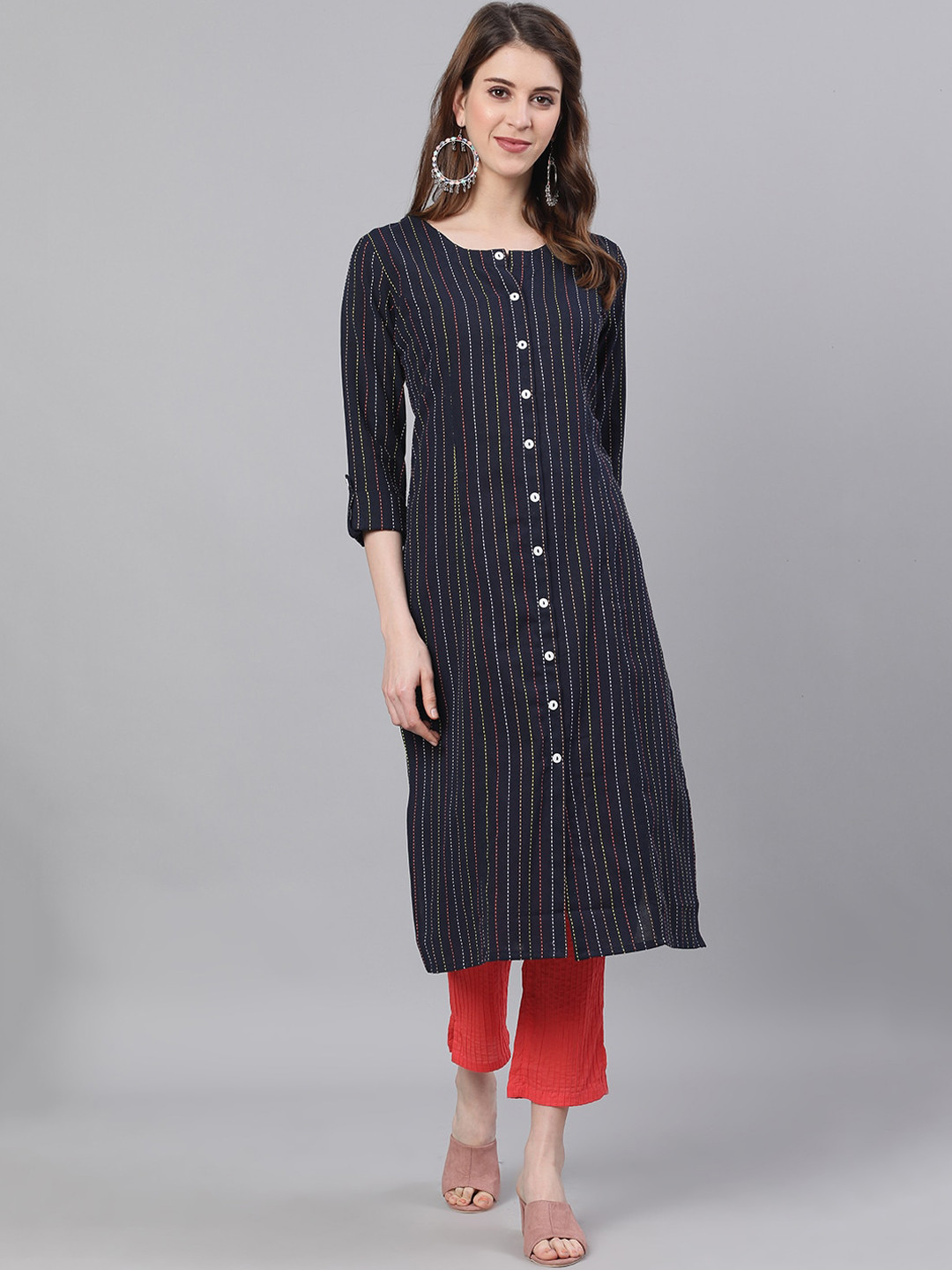 

antaran Women Blue Striped Thread Work Kurta