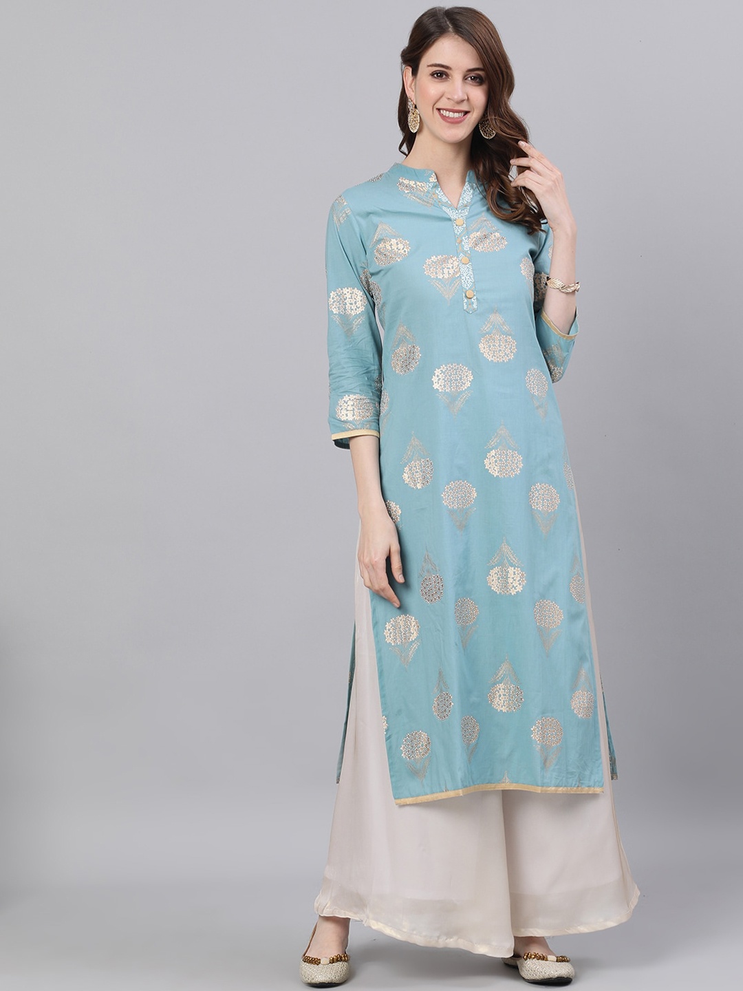 

antaran Women Blue & Gold-Toned Floral Printed Kurta