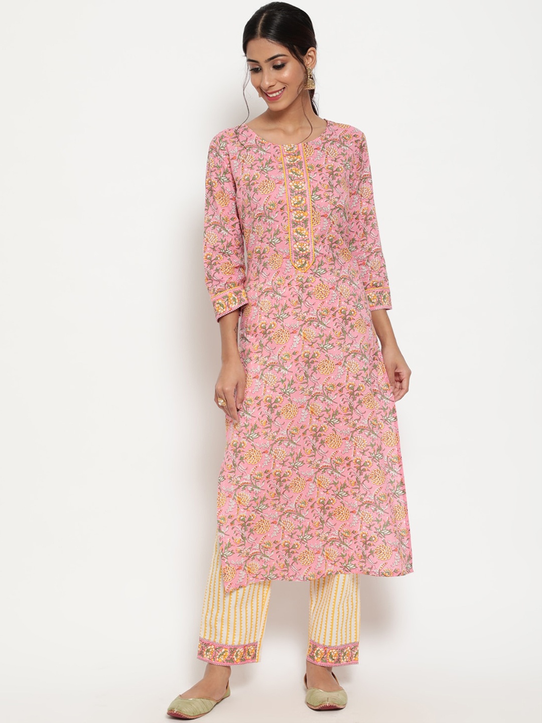 

antaran Women Pink Printed Regular Pure Cotton Kurta with Trousers
