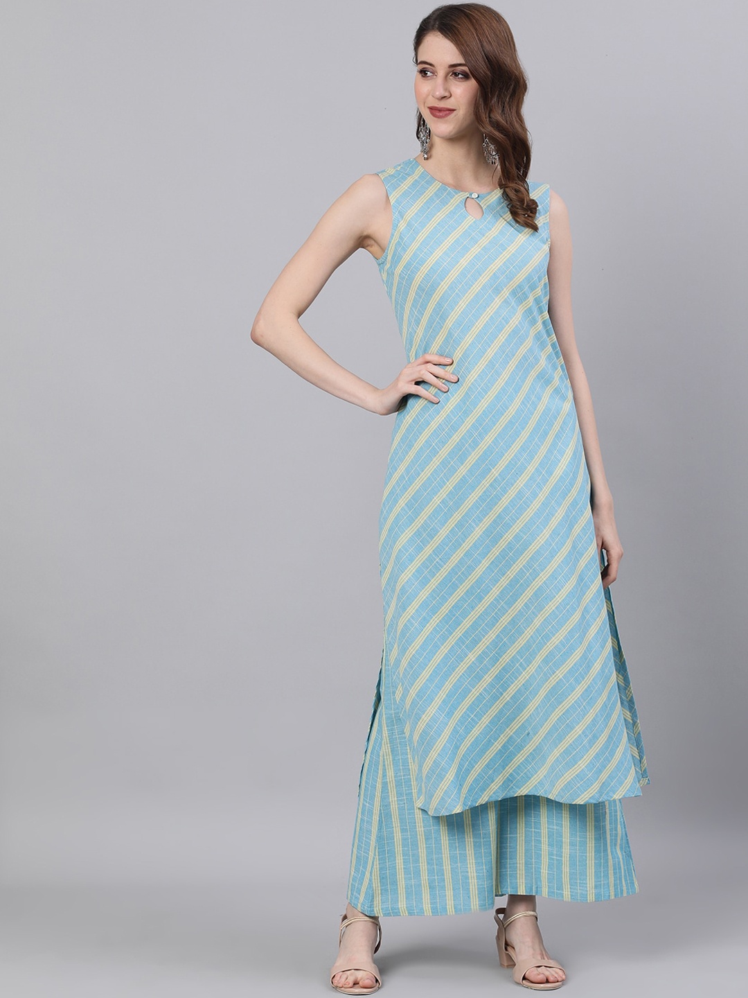 

antaran Women Blue Striped straight Pure Cotton Kurta with Palazzo