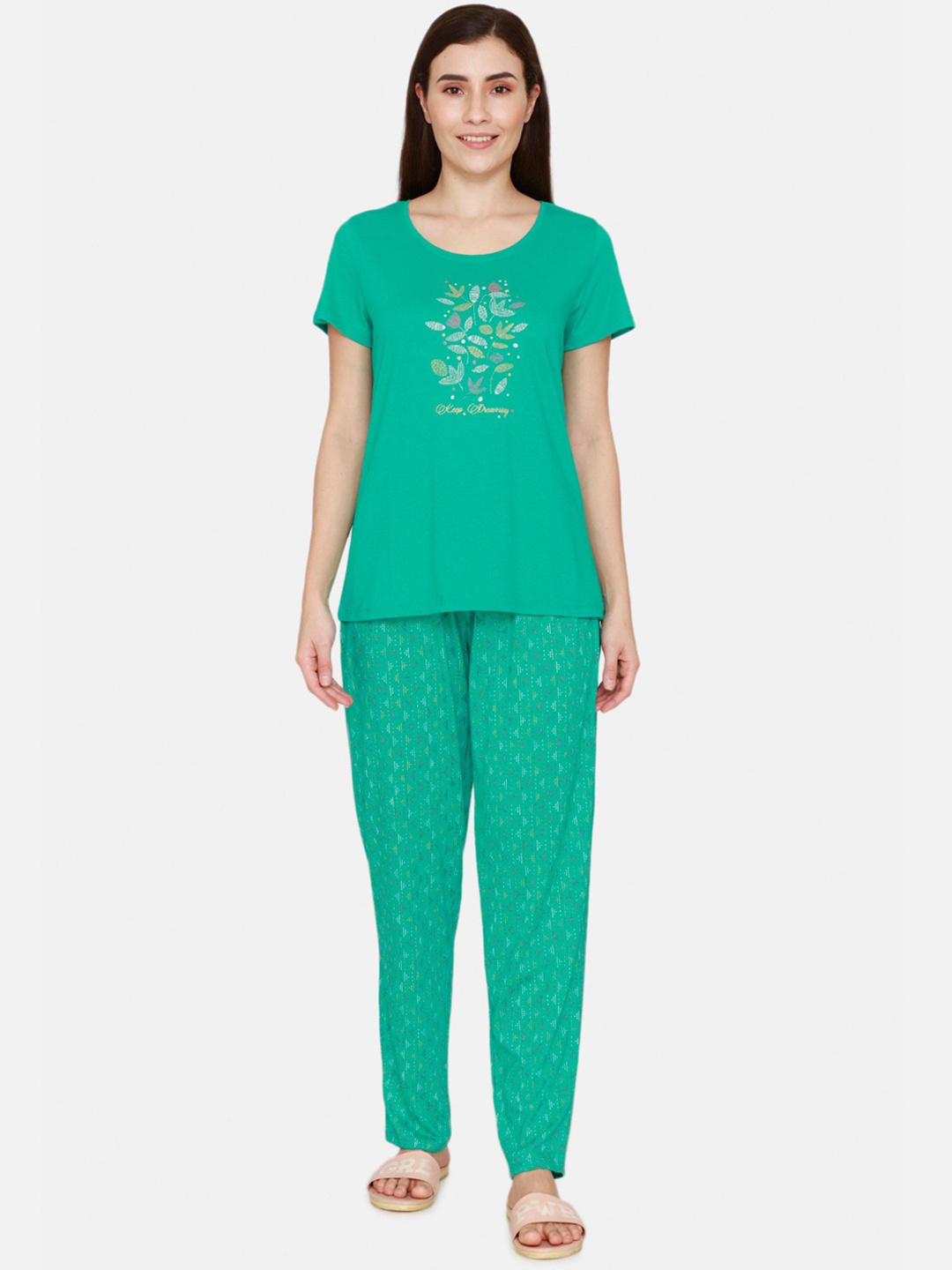 

Rosaline by Zivame Women Green & White Printed Night suit