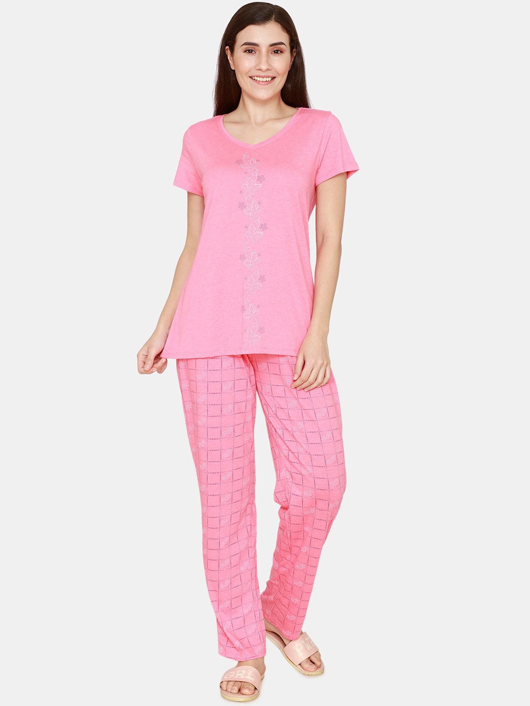 

Rosaline by Zivame Women Pink & White Printed Night suit