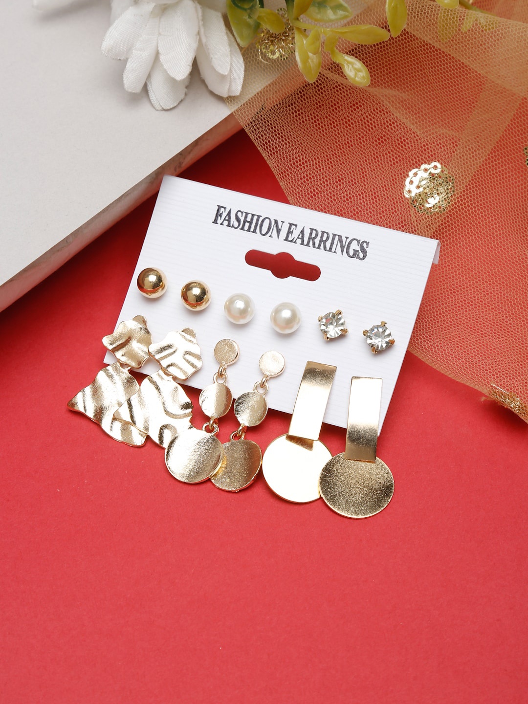 

Celena Cole Set Of 12 Gold-Toned & White Contemporary Studs Earrings