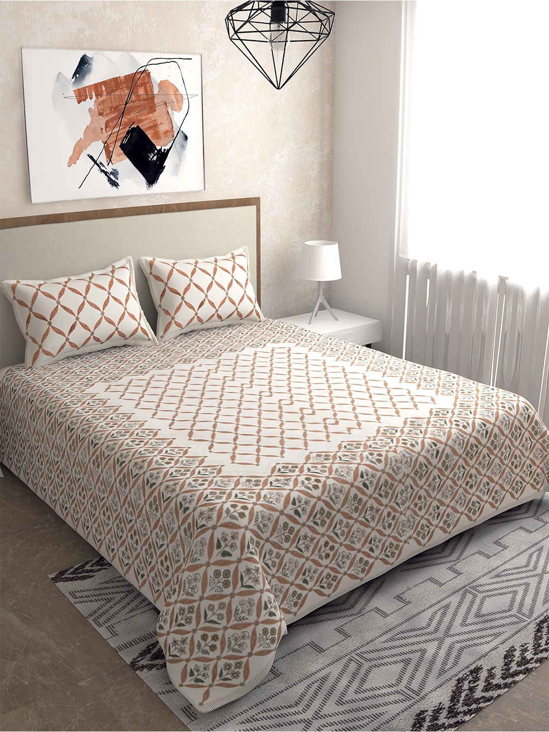 

Salona Bichona White & Brown 120 TC King Bedsheet with 2 Pillow Covers