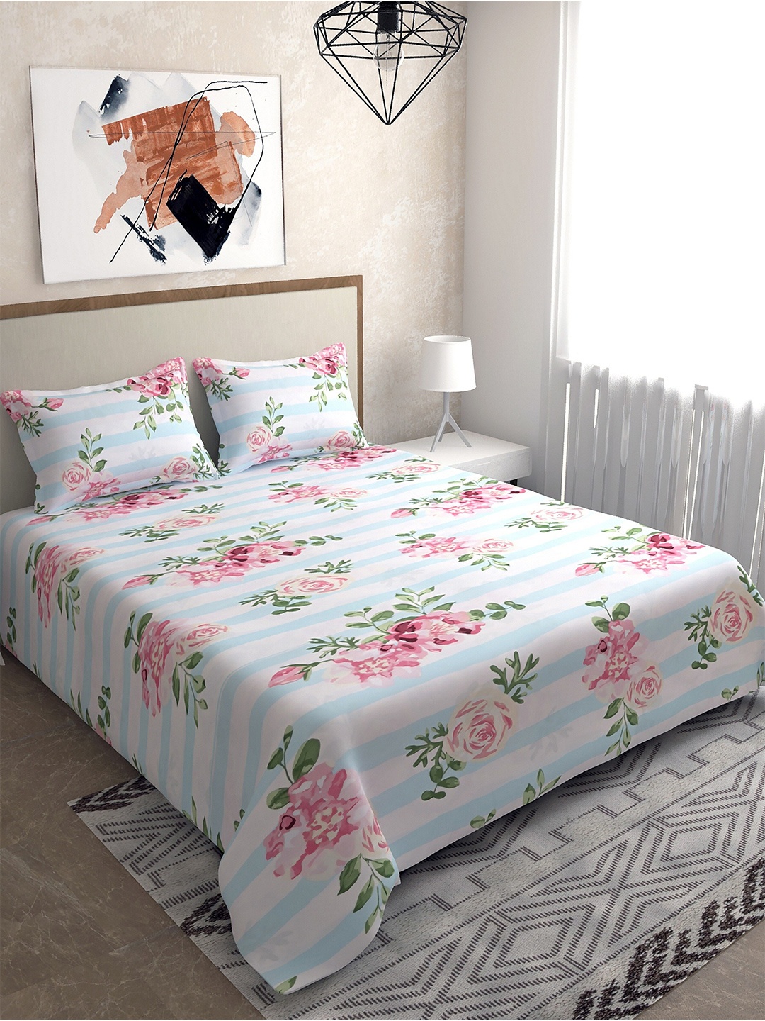 

Salona Bichona Blue & Green Floral 144 TC Cotton King Bedsheet with 2 Pillow Covers