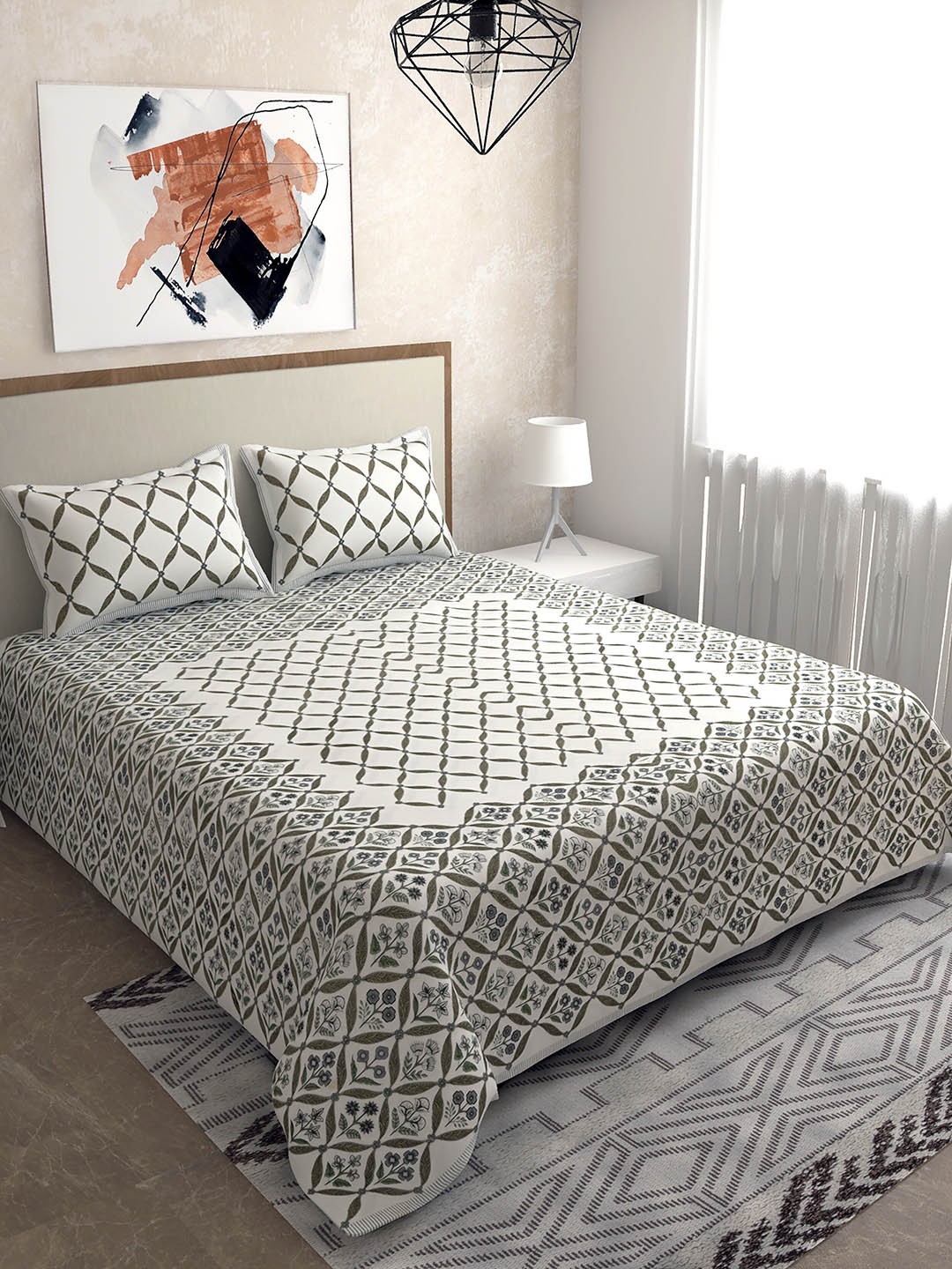 

Salona Bichona Green & White Geometric 120 TC King Bedsheet with 2 Pillow Covers