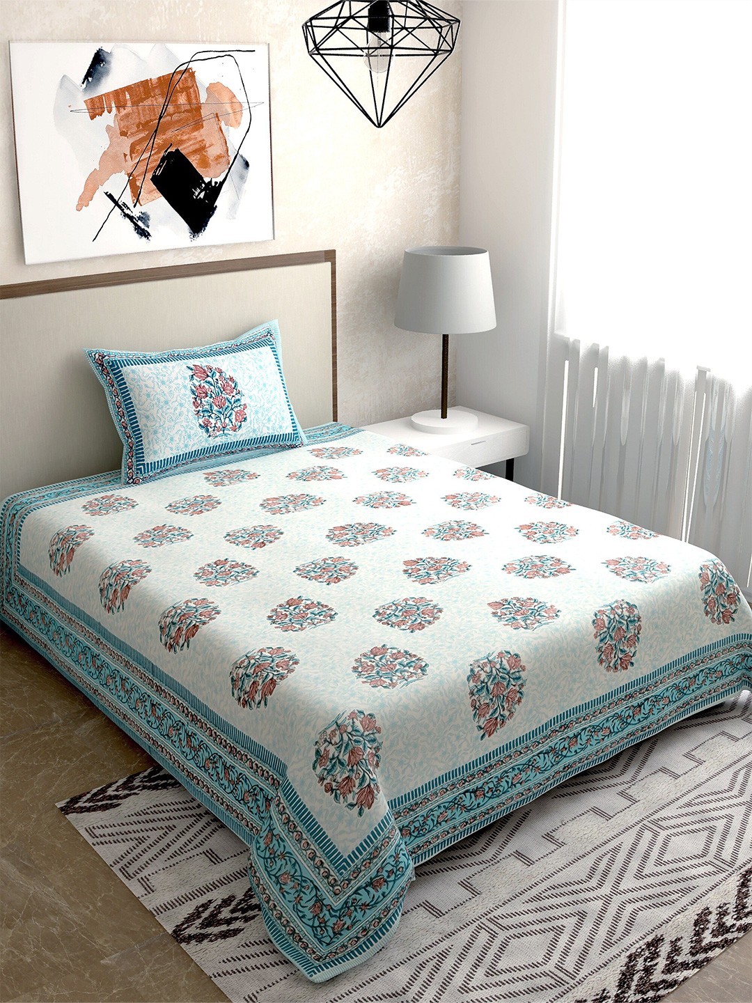 

Salona Bichona Turquoise Blue & White Floral 120 TC Single Bedsheet with 1 Pillow Covers